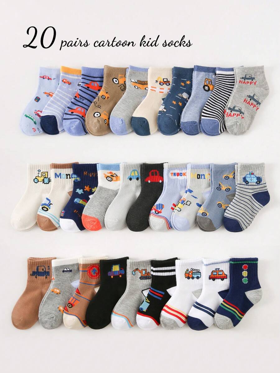 20/10/5 双儿童男童袜子，卡通汽车装饰，柔软舒适透气休闲运动短袜，适合日常生活、节日、旅行、返校、运动、课堂、新学期、学生，颜色和款式随机 - 彩色 - 查看 1