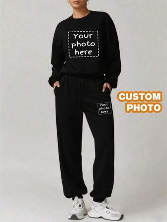 Customize Personalized Gifts With Unique Design, Add Your Own Text And Images (Badge Pattern/Company Logo/Family Photo/Selfie/Pet), Personalized Sweatshirt And Sweatpants Two Pieces Set