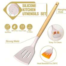 44-Piece Wooden Handle Silicone Kitchenware Set Storage Bucket Non-Stick Shovel Spoon Cooking Set - Black - View 6