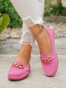Women's Spring New Gold Chain Elegant Slip-On Loafers, Lightweight Comfortable Versatile Rubber Flat Shoes - Pink-chain - View 3