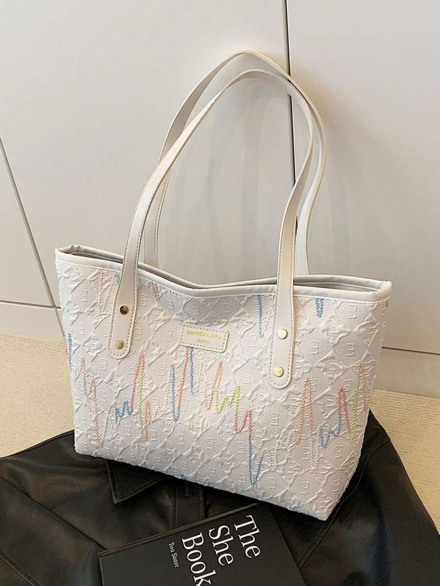 Túi Tote Polyester Phong Cách Trường Học Dung Tích Lớn Thêu Cầu Vồng Thời Trang Thường Ngày, Túi Đeo Vai Di Động, Túi Xách Tay, Thích Hợp Cho Nữ Mua Sắm, Du Lịch, Kỳ Nghỉ, Sinh Viên Đại Học Trở Lại Trường Học - trắng - Xem 1