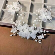 三件套全新白色花卉婚纱，含发饰、珍珠水钻发梳、丝绸花朵镶嵌发梳套装，珍珠水钻发梳头饰 - 白色 - 查看 2