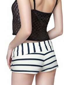 Women Y2k Foldover Waist Low Rise Mini Shorts Summer Casual Striped/Solid Color Skinny Shorts Beach Vacation Club Streetwear Boycon Shorts Micro Shorts Loungewear - 黑與白 - 查看 7