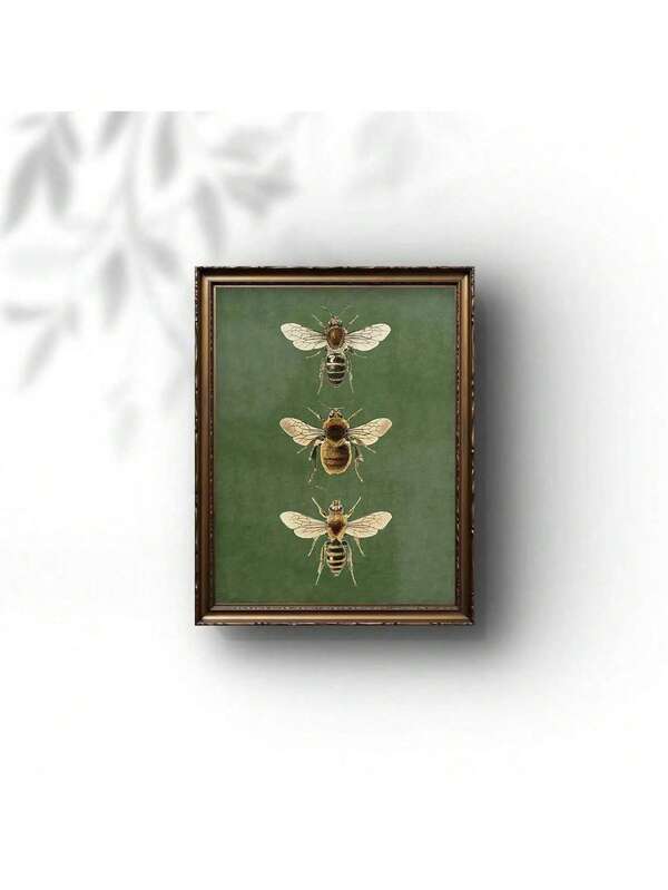 1 Stück Vintage Bienen Leinwandkunst, olivgrün und golden, gerahmter dekorativer Muster für Wohnzimmer, Schlafzimmer Dekoration, Bar, Schlafzimmer Wandkunst, Vintage Bienen Design, detaillierte Illustration, Bienen Dekoration, Insekten Raumdekoration, Leinwandkunst, Poster für Räume, Heimdekoration, Raumdekoration Ästhetik, Leinwandkunst.