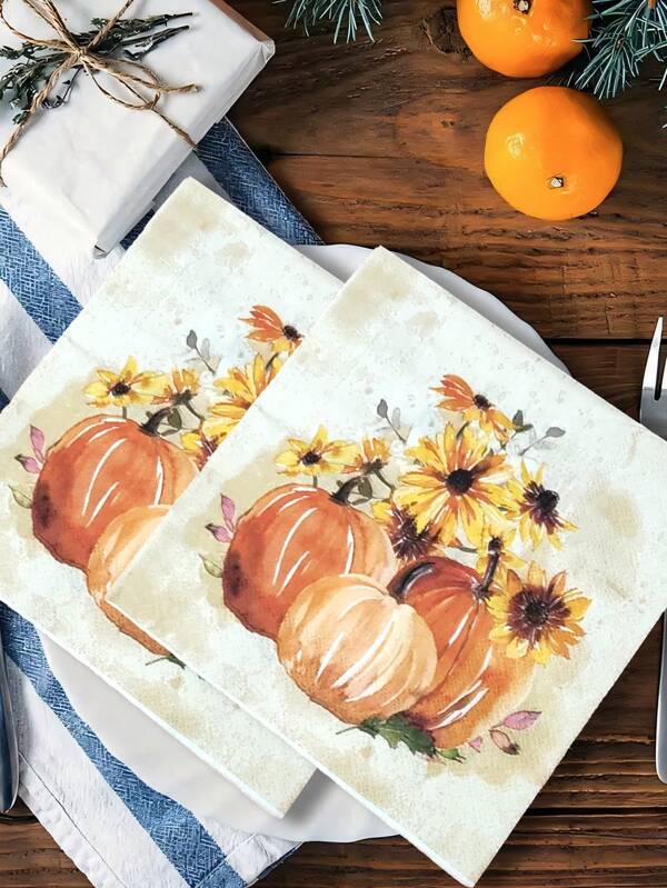 10/20/40 Pcs Autumn Flower & Pumpkin Printed Tissue Paper - Double-Layered Decorative Napkins, Suitable For Autumn Parties, Thanksgiving, Weddings And Crafts, Enhance Festive Atmosphere For Thanksgiving Themed Events And Daily Use