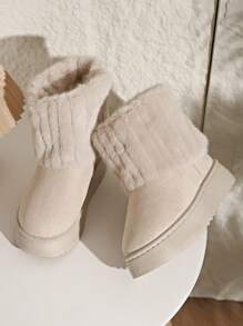 Girl's Thick Sole Thermal Lined Snow Boots, Warm Outdoor Anti-Slip Flat Boots With Knitted Cuff, Chunky Sole Winter Boots, Classic Mid-Calf Boots For Girls, Teens, Students