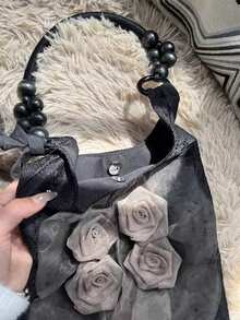 Vintage Chinese Style Batik Rose Flower Pleated Underarm Commute Tote Bag, Large Capacity Shoulder Handbag For Daily Use - Black - View 3