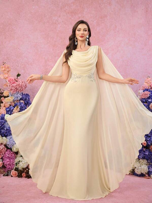 UNITHORSE Vestido de noche de mujer UNITHORSE con cuello drapeado, mangas de pieza flotante, ajustado, con apliques de gasa