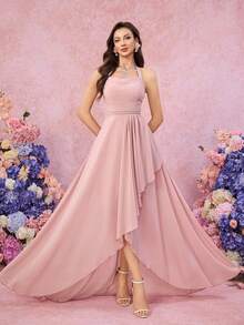 Vestido de gasa con cuello halter y espalda descubierta, cintura fruncida, abertura alta con volantes en el bajo, elegante vestido de dama de honor - Rosa - Ver 3