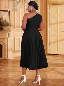 单肩斜领褶皱3d玫瑰日毕业装夏装，圣诞派对装情人节独立日 - 黑色 - 查看 2