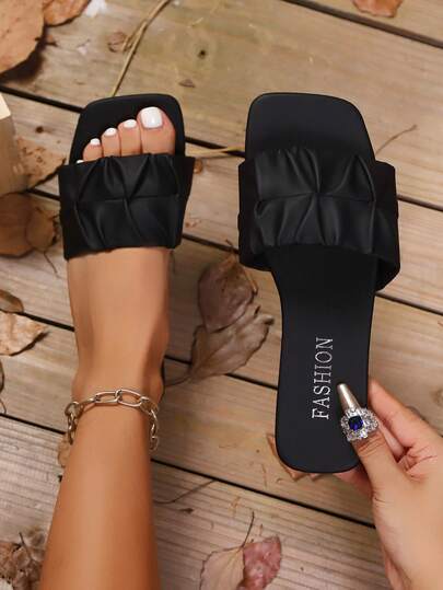 Women's Elegant Sandals, Summer Fashion Versatile Casual Dress/Pants Slippers, Exquisite French Princess Style, Pleated Flower Solid Color Vamp Design, Soft Comfortable Fashionable Metallic "FASHIO" Print, Soft Outsole, Lightweight Outdoor/Indoor Slip-On Flat Sandals