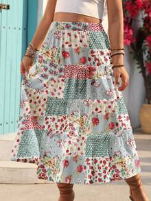 New Four-Season Bohemian C Pastoral Fresh Full-Body Floral Print Multi-Layered Tiered Ruffled Flounced Plus-Size Midi Skirt For Hawaii Vacation. Suitable For Dates, Beaches, Independence Day, And Valentine's Day.