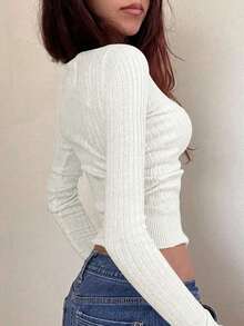 Women's Casual Scoop Neck Ribbed Fitted Long Sleeve Sweater/T-Shirt, Suitable For Summer, Autumn/Winter, Christmas And New Year Wear - White - View 6