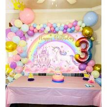 2D Flat Unicorn Birthday Background, Rainbow Unicorn Birthday Party Decorative Banner, Colorful Castle Fairy Tale Cake Table Supplies Studio Props, Indoor & Outdoor Event Decor Background