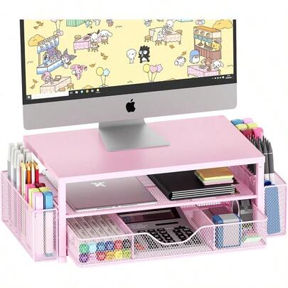 Desk Organizers And Accessories 2Tier Computer Monitor Stand Riser With Drawer And 2 Pen Holders Office Desk Accessories For Office Supplies Pink