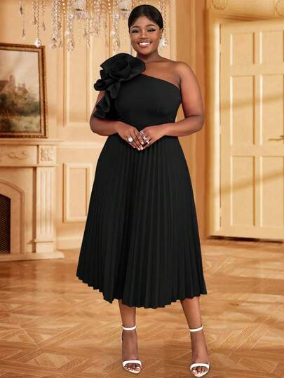 Letnia sukienka na jedno ramię z kołnierzykiem skośnym i plisami z motywem róży 3D na dzień ukończenia szkoły, strój na imprezę świąteczną walentynkową z okazji Dnia Niepodległości