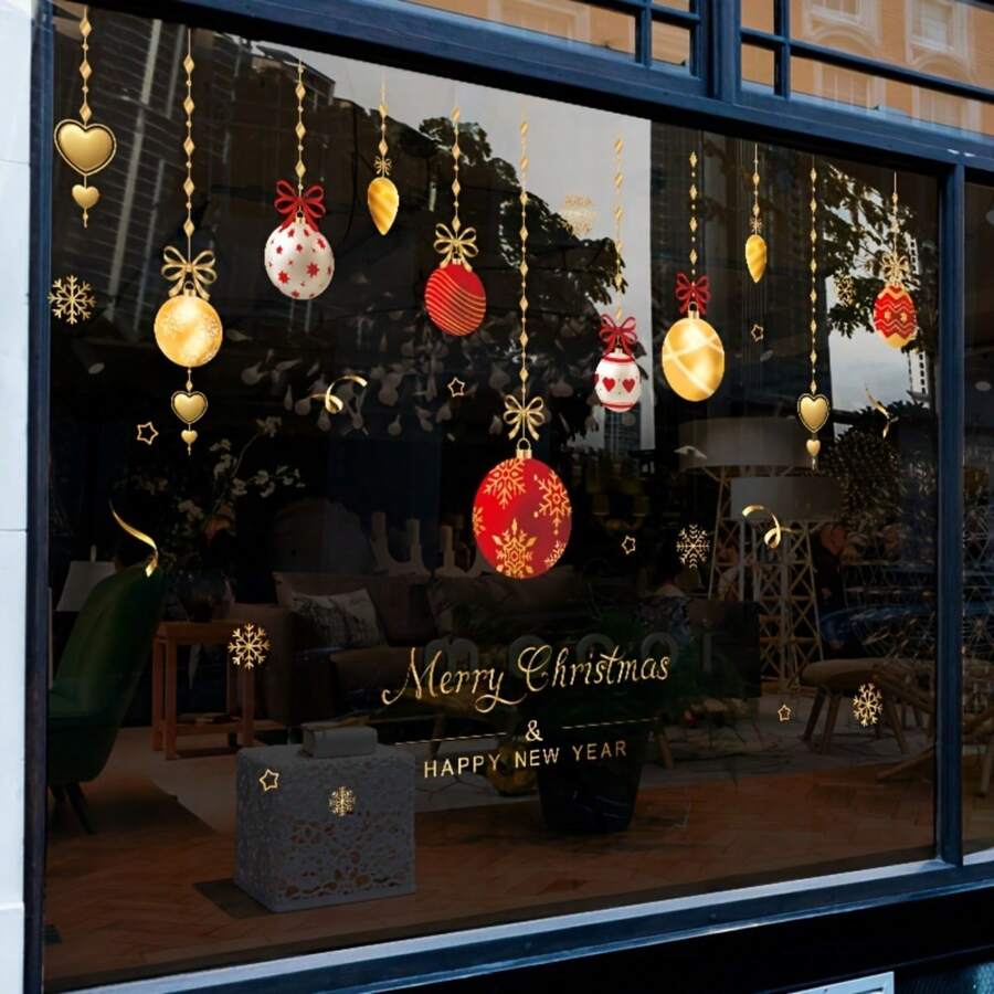 1pc Christmas Decoration Window Cling, Static Sticker Suitable For Stores And Homes, Waterproof Plastic Holiday Decor With Painted Ribbons, Snowflakes And Holiday Ornament Glass Surface Decor, Ideal For Holidays