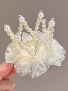 1pc Pink Hairpin Children's Pearl Crown Headband For Girls' Birthday First Birthday Hair Accessory Princess Top Hair Clip Net Fabric Hair Accessory