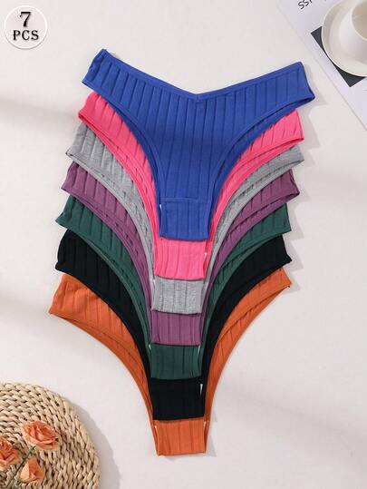 7pcs/Pack Sexy Low Waist Seamless Bikini Panties, Women's Soft Breathable Ribbed Cotton Briefs - Comfortable Underwear, Suitable For Daily Wear And Sportswear