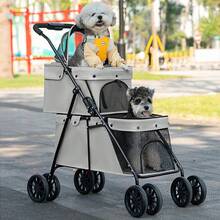 Cochecito de dos capas para perros y gatos, plegable 3 en 1 para 2 mascotas, carrito doble para dos mascotas, carrito plegable de cuatro ruedas para perros y gatos, carrito para perros, cochecito para correr, 67 x 50 x 95 cm - Gris - Ver 4