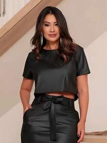 Women's Cropped Top Faux Leather Short Sleeve Elegant Fashion Blogger Winter - 黑色 - 查看 2