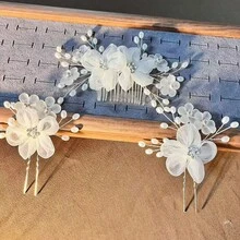 三件套全新白色花卉婚纱，含发饰、珍珠水钻发梳、丝绸花朵镶嵌发梳套装，珍珠水钻发梳头饰 - 白色 - 查看 3