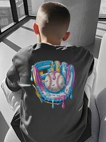 男童休闲印花圆领短袖T恤，夏季上衣 - 深灰色 - 查看 7