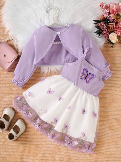 2-Piece Autumn/Winter Set: Butterfly & Floral Embroidered Mesh Slip Dress + Pullover Jacket, Fashion Minimalist, Suitable For Birthday Gift And Everyday Wear