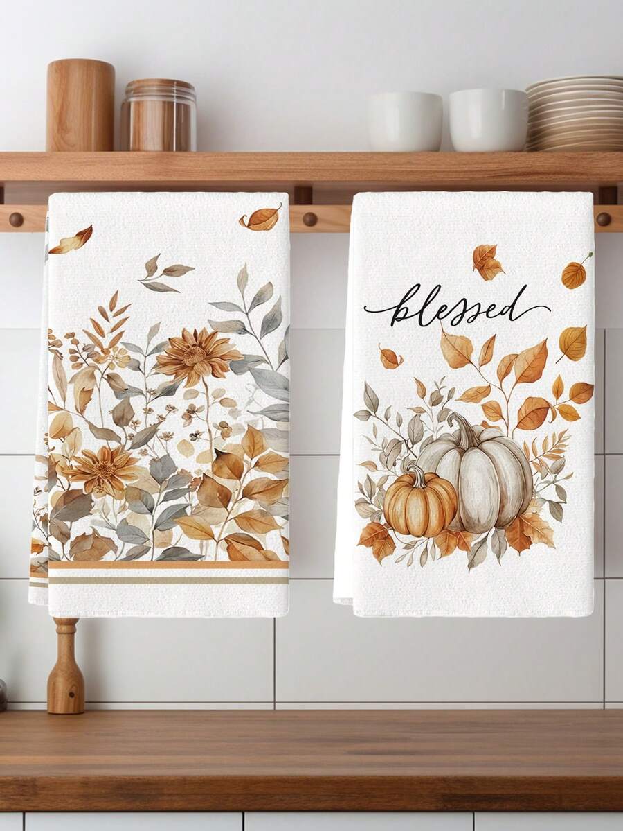 2Pcs Watercolor Eucalyptus Leaves Buffalo Plaid White Pumpkin Maple Leaf Thanksgiving Farmhouse Kitchen Towels Home Seasonal Harvest Fall Vintage Halloween Decorative Dish Towels Kitchen Dish Towels Hand Towels Tea Towels Kitchen Drying Dish Towels For Kitchen Restaurant Table