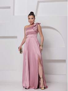 Long Dress For Bridesmaid – One Shoulder With Ruffle And Slit Elegant Simple Elegant Party Satin Side Opening Zipper Pleated Bridesmaid Civil Wedding Debutante Graduate Formal And Evening - 乾枯玫瑰色 - 查看 7