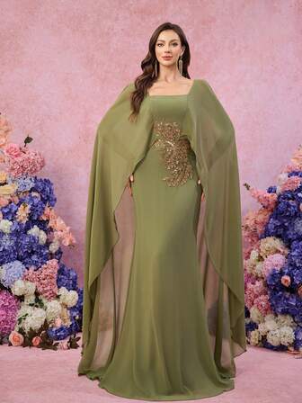  UNITHORSE 女士优雅方领飘逸连衣袖雪纺贴花修身晚礼服