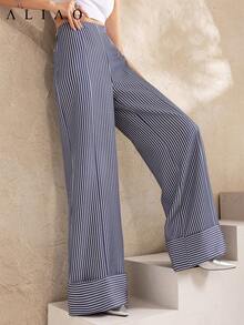 Aliao优雅荷叶边条纹阔腿裤，情人节穿搭，春季，白色派对活动，复古富贵风，宫廷风，端庄优雅，商务休闲女装