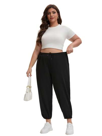 Pantaloni casual da donna taglie forti con vita a drawstring e tasche a collo solido, versatili per uso quotidiano, escursionismo, viaggi, trekking, ciclismo