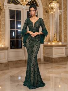 奢华优雅喇叭袖V领连衣裙，女士春秋新款派对婚礼礼服 - 墨綠色 - 查看 2
