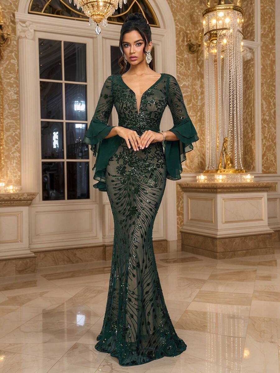 奢华优雅喇叭袖V领连衣裙，女士春秋新款派对婚礼礼服