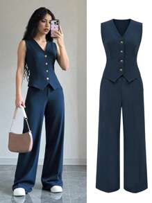 Completo elegante da donna, pantaloni lunghi, outfit casual monocolore - Gilet senza maniche + Pantaloni con elastico in vita e tasche, adatto per uso casual quotidiano e per andare al lavoro, per tutte le stagioni