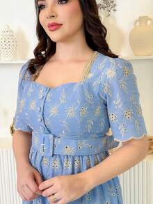 Elegant Midi Dress In 3D Laise Lined With Perfect Fit – Size M, G And GG - Baby Blue - View 2