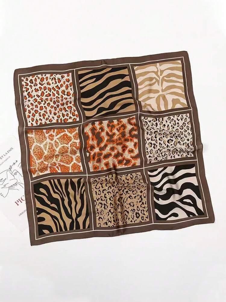 1条女士新款头巾，27.56英寸仿丝豹纹印花方巾，可作发带、领巾等多功能配饰，适合日常穿着。 - 卡其色 - 查看 6