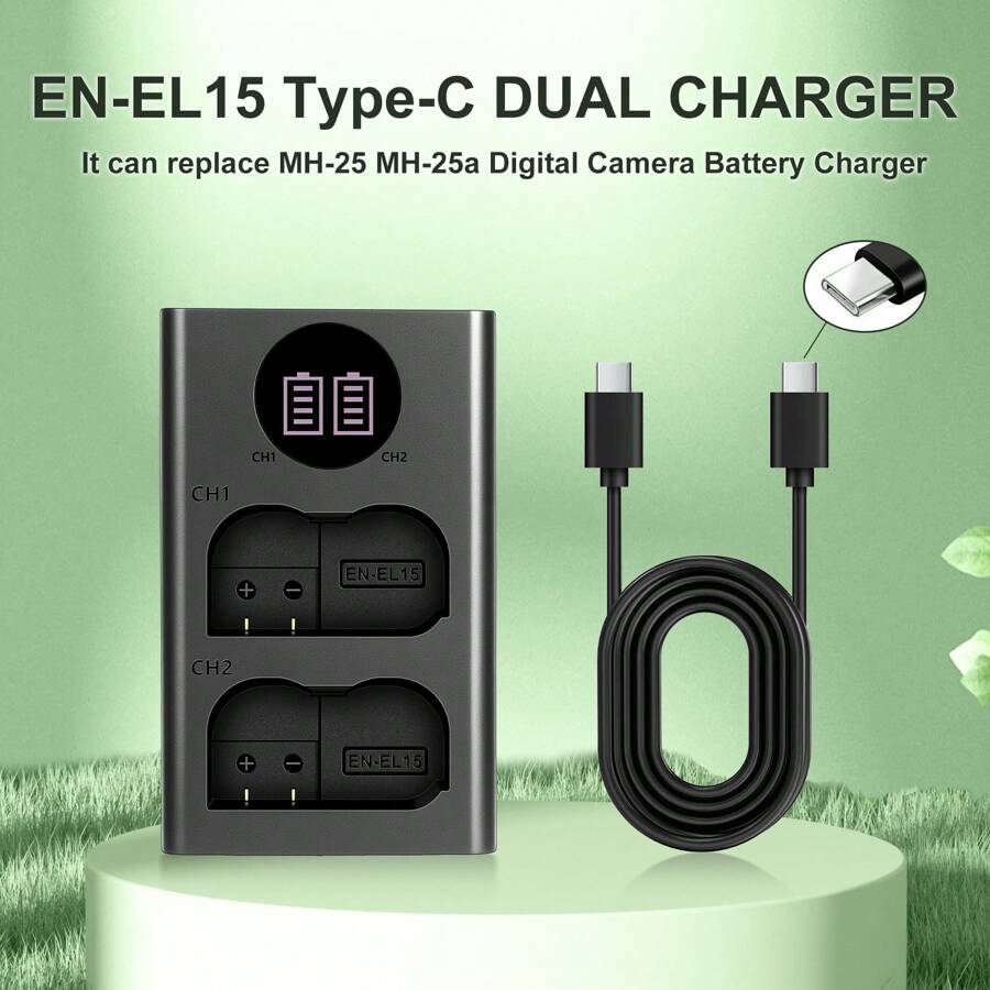 EDEKOY EN-EL15 EN-EL15a 电池（MH-25，MH-25a 充电器）适用于尼康 D500、D600、D610、D750、D800、D800E、D810、D810A、D850、D7000、D7100、D7200、Z5、Z6、Z7、Z6II、Z7II、Z8 相机 - 黑色Typec-Typec - 查看 1