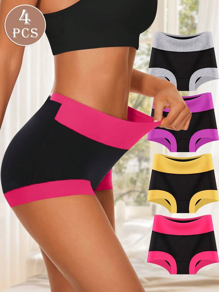 MEIYATING 4pcs Women's Hipster Briefs Fashionable Color-Block High Waist Tummy Control Comfort Fit Panties For Women