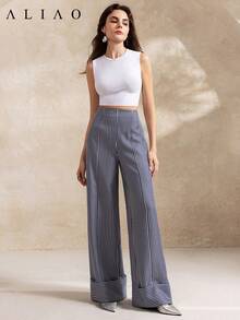 Aliao优雅荷叶边条纹阔腿裤，情人节穿搭，春季，白色派对活动，复古富贵风，宫廷风，端庄优雅，商务休闲女装