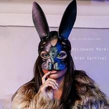 Leather Rabbit Mask Punk Black Cat Masks Cat Head Mask Fox Mask Animal Half Face Adjustable Mask Halloween Party Masquerade Prom Face Decorative Black1-0166 - 如圖 - 查看 3