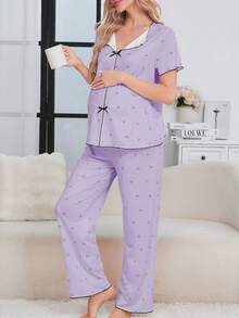 Maternity Sleepwear Set, Minimalist V-Neck With Cute Cherry Print And Bow Accent Maternity Loungewear Set - Mauve Purple - View 5