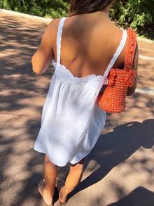 Women Floral Eyelet Mini Dress Ruffle Flowy Babydoll Dress Spaghetti Strap Loose Sundress Boho Sleeveless Going Out Short Dress - trắng - Xem 5
