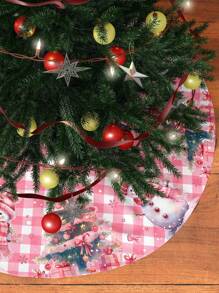 Christmas Tree Skirt, Pink Plaid Background With Warm Snowman Pattern And Christmas Tree Design, Christmas Party Decor Fabric, Christmas Tree Decoration