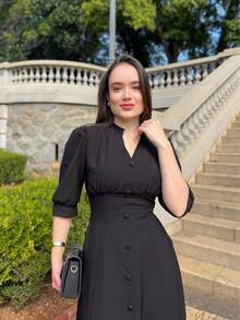 PLAIN MIDI DRESS Button WOMEN'S FASHION Daily - màu đen - Xem 3