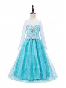 9 件套蓝色花卉网眼长袖女童连衣裙假发配饰服装套装，儿童角色扮演服装，适合万圣节、圣诞节、派对、舞台表演