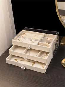 3 Tier Jewelry Box, Polished Plastic Desktop Organizer With Velvet Lining, Crystal Handle, Rectangular, Jewelry Storage Organizer, Home And Kitchen Multi-Purpose Organizer, Classic Style, Halloween Gift Ideas, Jewelry Boxes - Multicolor - View 4