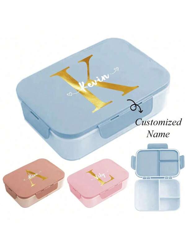 Customized Name Portable Bento Box Triple Grid Style Lunch Box Built-In Utensils Fork Spoon Meal Prep Container With Triple-Sided Buckle Design Flip-Top Lid For Organized Meals Ideal For Work School And On-The-Go ,Space-Saving Stylish