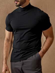 Men's Casual Minimalist Half-Turtleneck Short Sleeve T-Shirt, Suitable For Summer, Fall